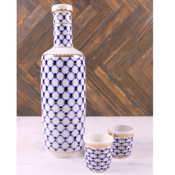 Lomonosov Other - Lomonosov Cobalt Net Gold Decanter & 2 Shot Cups Set - Pristine Vintage LFZ 1C